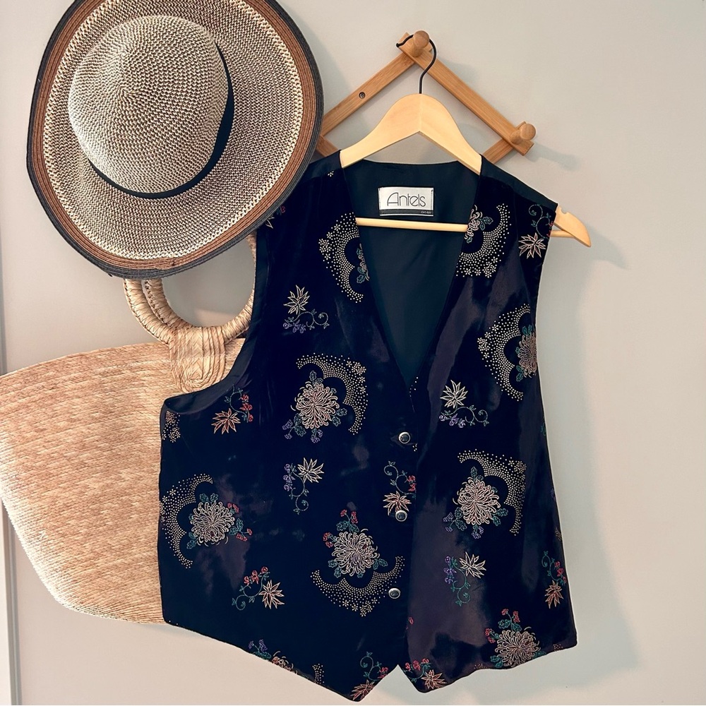 Vintage Antels Embroidered Velvet Vest – Floral Brocade Waistcoat